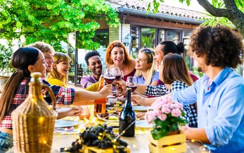 Happy,Multi,Ethnic,Friends,Having,Fun,Outdoor,Toasting,Red,Wine