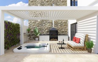 3d,Illustration,Of,Modern,Urban,Patio,With,White,Bioclimatic,Pergola