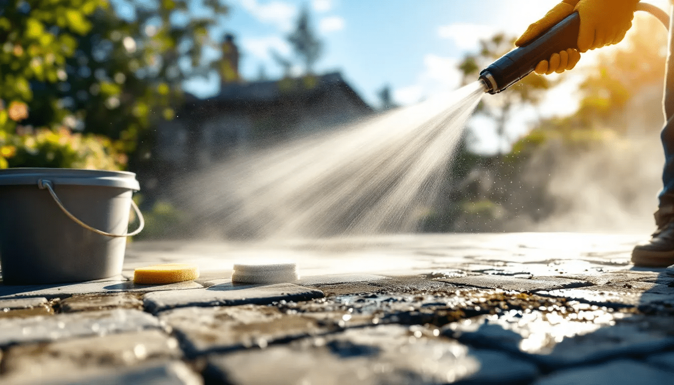 A pressure washer in action cleaning patio pavers, illustrating effective cleaning techniques.