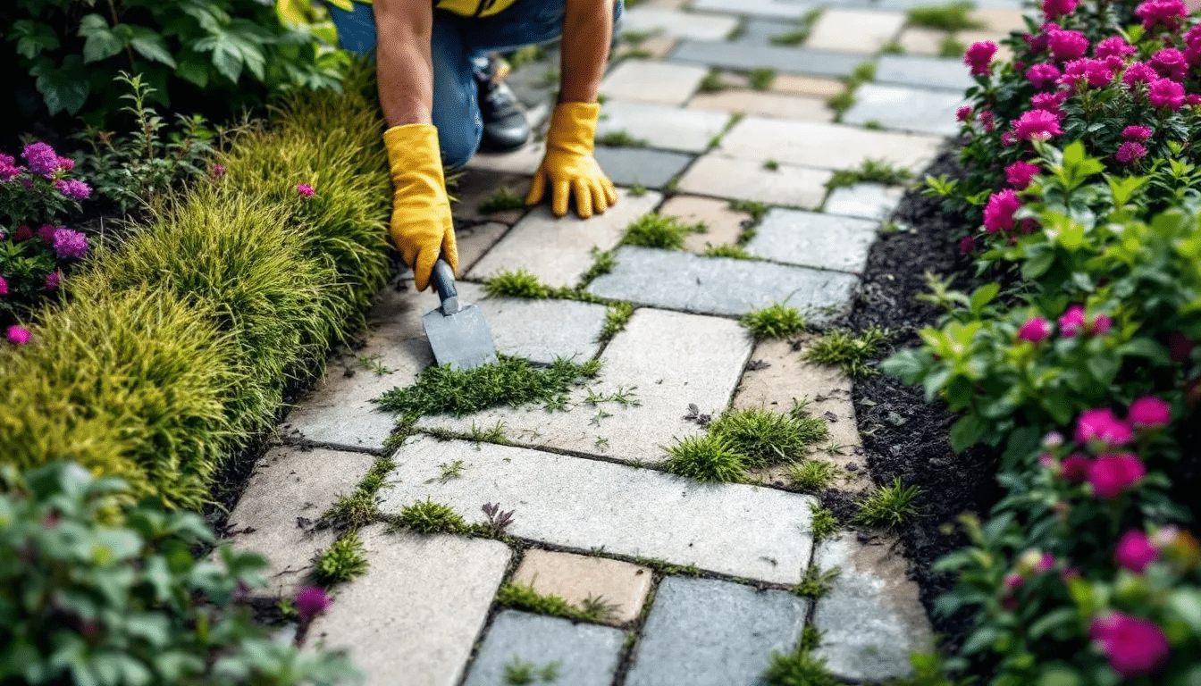 Weeds and vegetation removed from paver joints, illustrating the importance of routine patio paver maintenance.