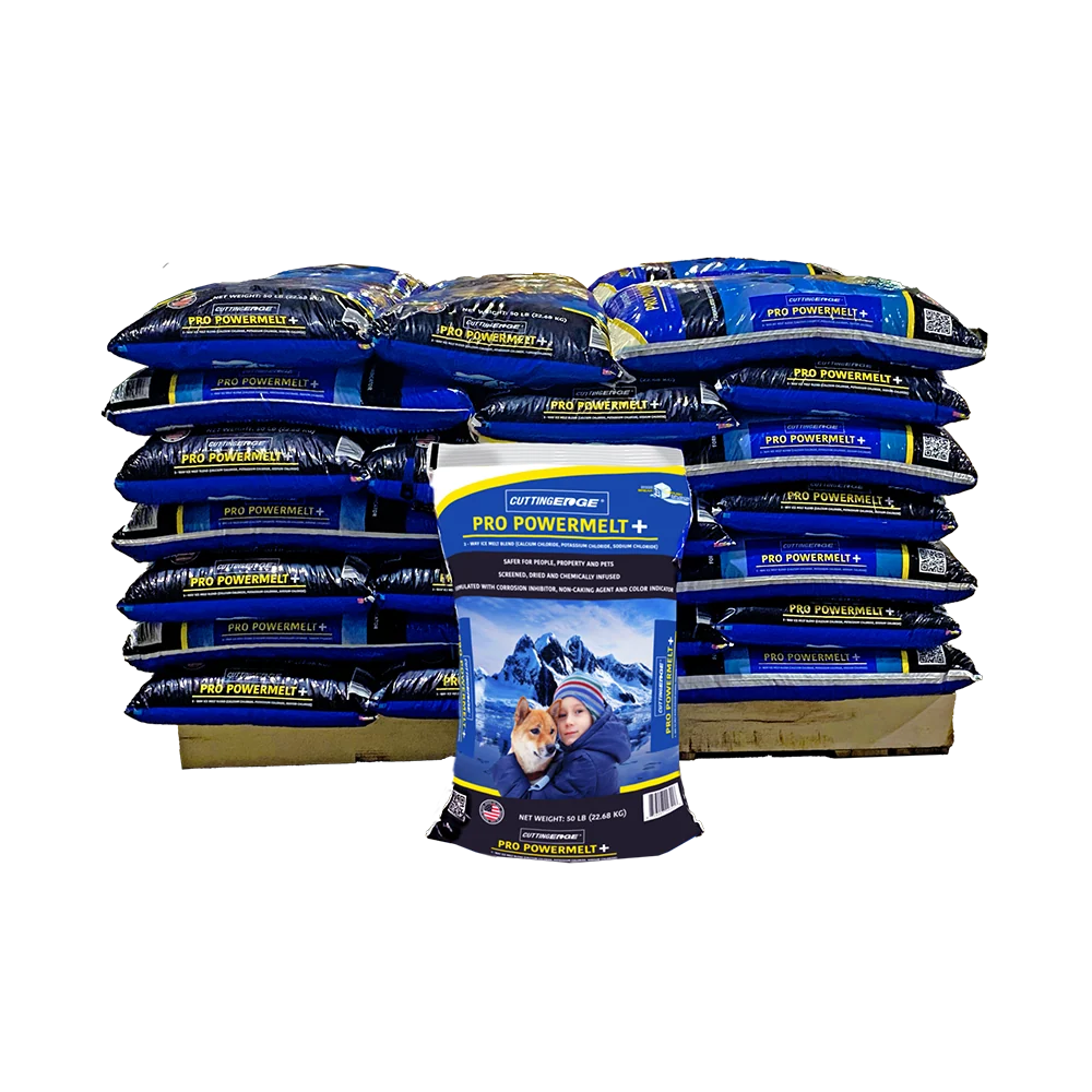 Photo of a pallet of Cutting Edge® Pro PowerMelt+ ice melt bags stacked together against a white background.