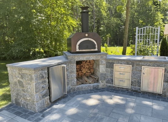 Greenwich Blue natural stone veneer outdoor kitchen installation