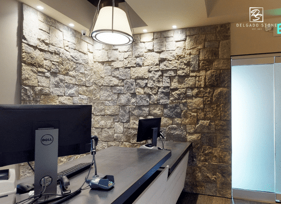 Photo of Hudson Blend Square and Rectangle Natural Thin Stone Veneer installed on an interior commercial feature wall.