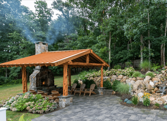 Montauk Blend natural stone veneer outdoor fireplace and patio installation
