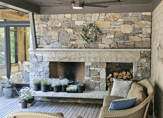 Old New England Wall natural stone veneer outdoor fireplace installation