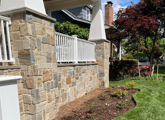Sterling Tan square and rectangle stone veneer landscape wall installation