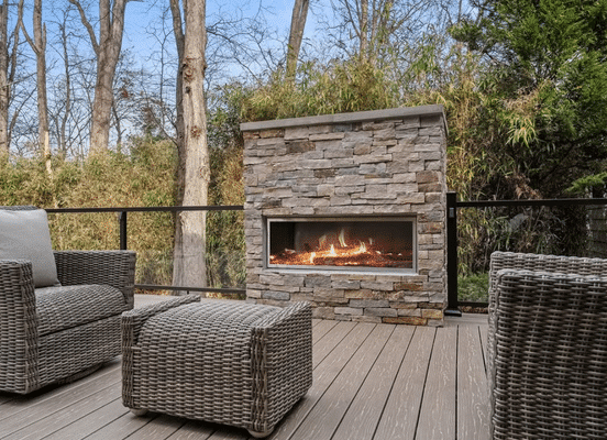 Sterling Tan natural stone veneer outdoor fireplace installation