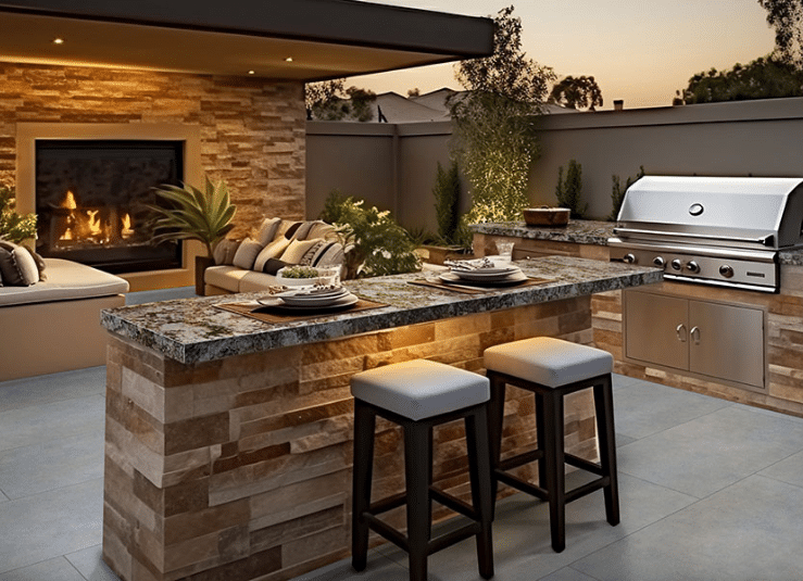 Outdoor kitchen and fireplace area with Arterra True Blue porcelain pavers